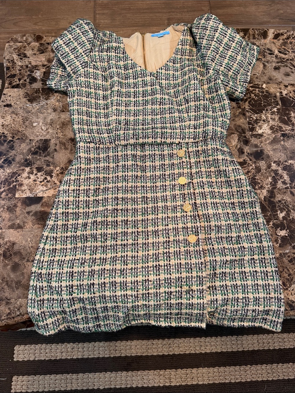 Draper James Green and Cream Tweed Bubble Dress with Gold Buttons